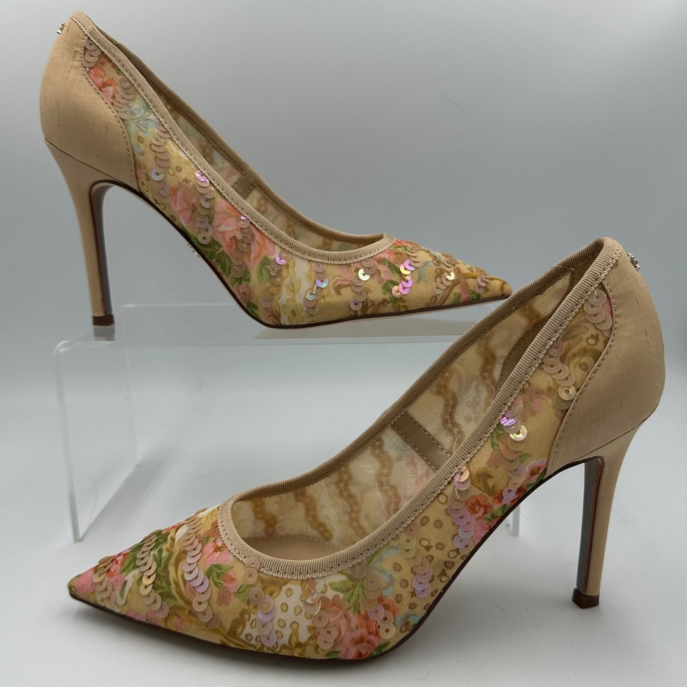 Sam Edelman Hazel Pumps sz 6 Nude Floral Sequin Mesh Pointed Stiletto Boho NWOB
